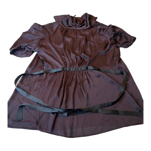 BCBGMAXAZRIA Purple Eggplant Silky Puff Sleeve Bow Tie Back Drapey‎ Collar S - Picture 13 of 16